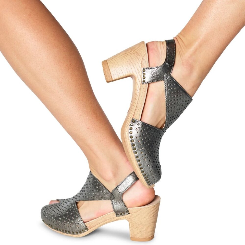 NEW Dansko Teagan Perforated Leather Peep Toe Heeled Sandals in Gunmetal - Picture 5 of 11